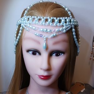 Beaded Headpiece light blue pearls and clear crystals